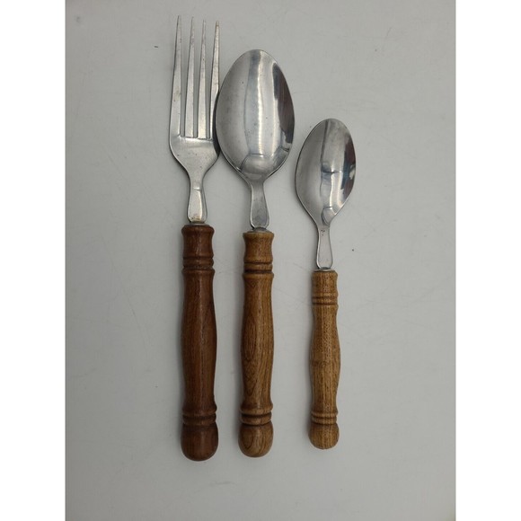 Stainless Steel Flatware Wood Handles Taiwan Lot of 12 Silverware Fork Spoon - Picture 8 of 9